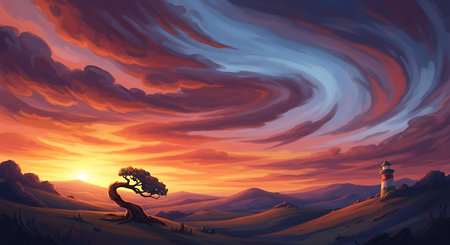 Lighthouse and tree at sunset in the desert. Vector illustration.の素材