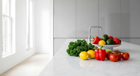 Fresh vegetables on white marble countertop in modern kitchen. 3d renderingの素材
