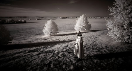 Beautiful young woman in a long dress and hat walks along the shore of a lake. Toned.の素材