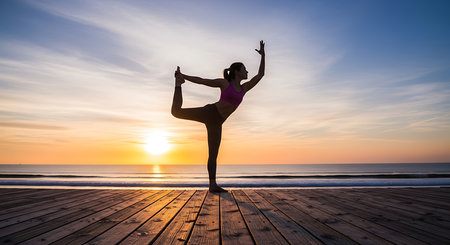 Silhouette of young woman practicing yoga on the beach at sunriseの素材