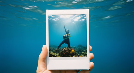 Hand holding smartphone with underwater view of coral reef and diver taking photoの素材