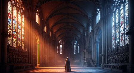 Mysterious man in a dark cloak stands in the Gothic cathedralの素材