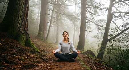 Young woman practicing yoga in the forest during a foggy day.の素材