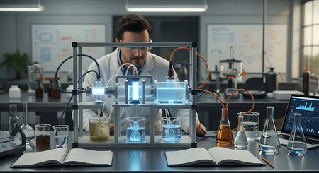 Concentrated male scientist working in laboratory. Science and technology conceptの素材