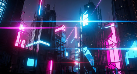 Abstract neon glowing city background. Technology concept. 3D Renderingの素材