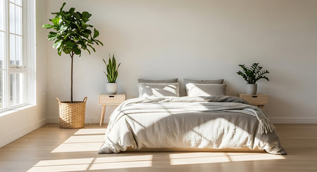 3d render of white bedroom interior with bed and plant on the wallの素材