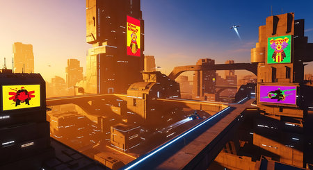 3D render of a futuristic city at night with neon lights.の素材