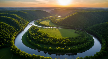 Aerial view of river and forest at sunrise. Beautiful summer landscapeの素材