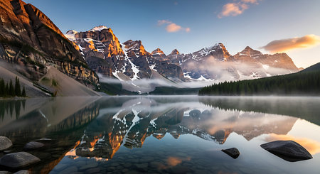 Lake Moraine at sunrise, Banff National Park, Alberta, Canadaの素材