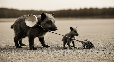 Raccoon and cat on the road. Black and white photo.の素材