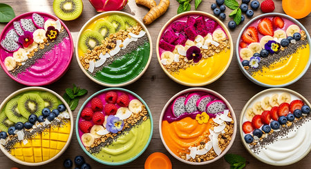 Healthy breakfast bowls with chia seeds, yogurt, granola, fresh fruits and berriesの素材