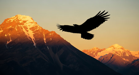 Silhouette of a flying eagle against the background of the mountainsの素材