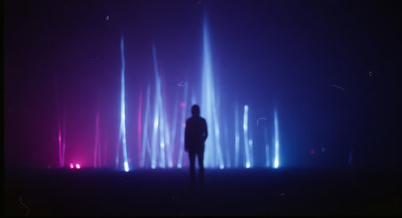 Silhouette of a man standing in front of a laser show. 3d renderingの素材
