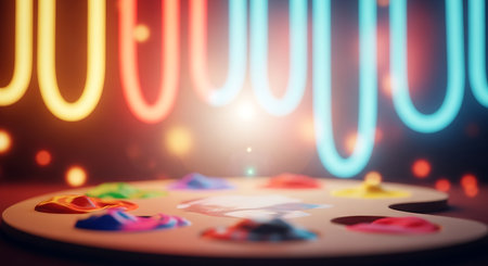 Colorful palette of paints on a disco party background. 3d renderingの素材
