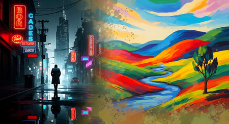 Vector illustration of a man walking along the street in the city.の素材