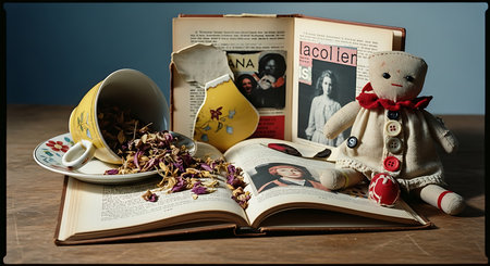 Vintage still life with old book, cup of tea and dollの素材