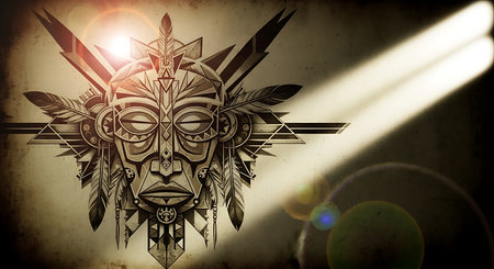 Native american indian mask with rays of light on grunge backgroundの素材
