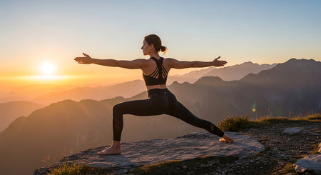 Young woman practicing yoga on top of a mountain at sunset. Healthy lifestyle concept.の素材
