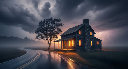 Old house on the road in a foggy night. 3D renderingの素材