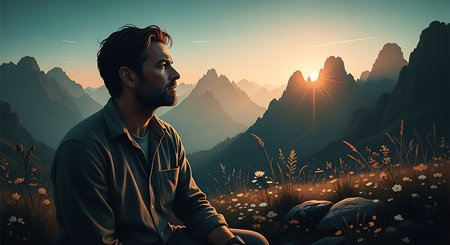 Young man sitting on a rock in the meadow and looking at the sunsetの素材