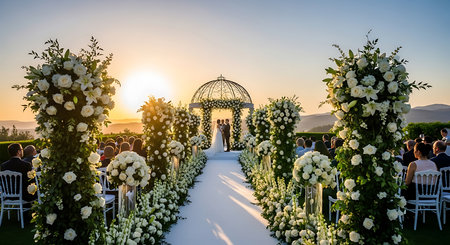 wedding ceremony in the mountains at sunset. Wedding arch decorated with white flowersの素材