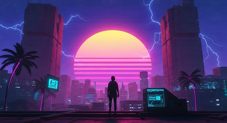 Silhouette of a man standing in front of a big sun and a cityscapeの素材