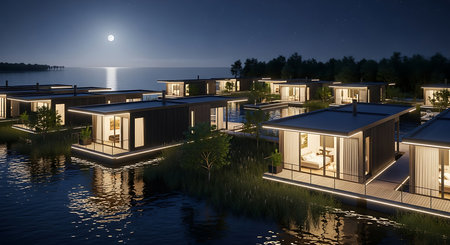 3d rendering of modern cozy house by the lake at night.の素材