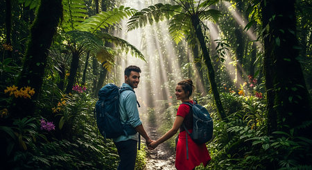 Young couple with backpacks hiking in the tropical forest. Adventure and travel conceptの素材