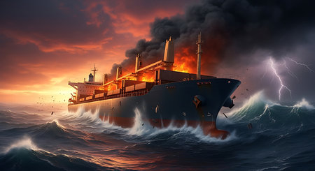 Conceptual image of cargo ship sailing in stormy ocean with fire and smokeの素材
