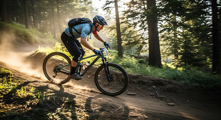 Cyclist Riding the Mountain Bike on the Trail in the Beautiful Summer Forest.の素材