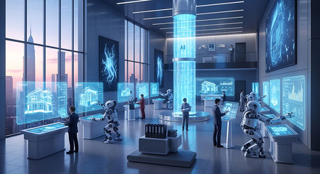 3d rendering group of robots working in modern office with big city hologramの素材