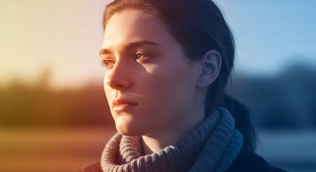 Portrait of a beautiful young woman in a coat and scarf outdoors.の素材