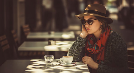 beautiful young woman in hat and scarf drinking coffee in a cafeの素材