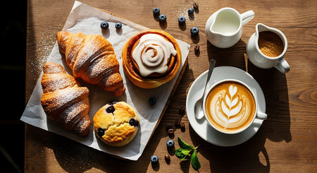 Breakfast with coffee, croissants and berries on wooden tableの素材