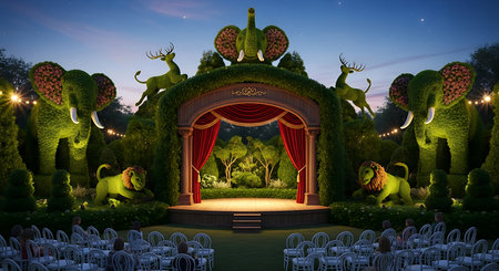 3d rendering of fantasy garden at night with stage and monster.の素材
