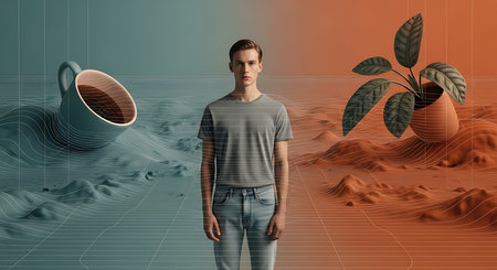 Young man with coffee cup and plant on abstract background. 3D renderingの素材