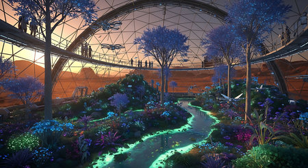 3D render of a fantasy garden with trees and plants at sunsetの素材