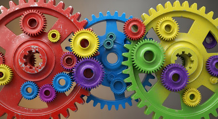 3d rendering of multicolored cogs and wheels over grey backgroundの素材