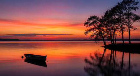 Fishing boat on the lake at sunset. Beautiful natural landscape.の素材
