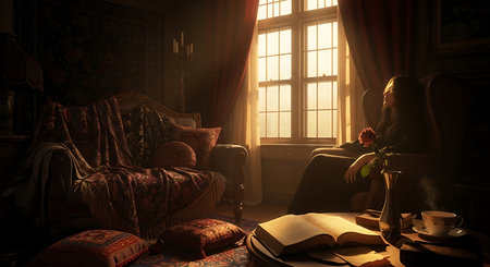 Vintage interior of the living room with a window, books, an armchair and a rose.の素材