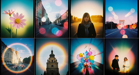 Collage of photos of a woman with flowers on the street.の素材