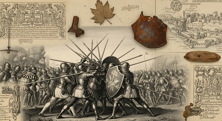 Vintage illustration of medieval knights in armor and weapons, on old map backgroundの素材