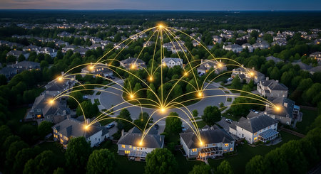Aerial view of a small town with a global network connection.の素材