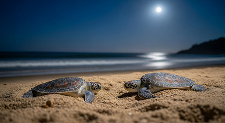 Green sea turtles on the beach at night with moon in the backgroundの素材