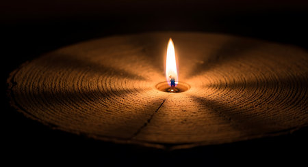 Burning candle on a wooden table. Shallow depth of field.の素材