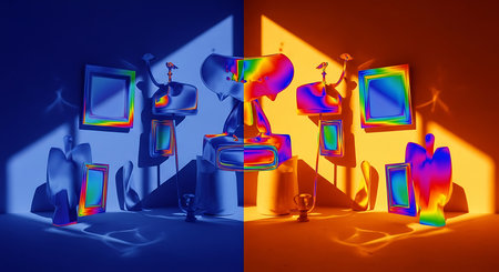abstract 3d illustration of multicolored frames in the studioの素材