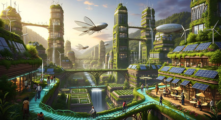 3D rendering of a futuristic city with a lot of green buildingsの素材