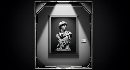 3d rendering of an ancient Greek statue in a frame on a black backgroundの素材