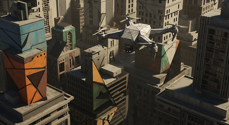 3D illustration of the drone flying over the city. Technology conceptの素材