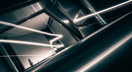 modern steel staircase in a factory, closeup of photo with shallow depth of fieldの素材